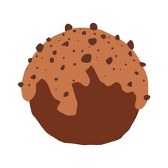 Round chocolate candy with caramel icing and sprinkled with chocolate chips.  Vector illustration isolated on white background.