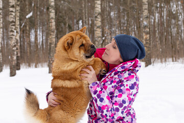 A Woman in winter in the park with a beautiful fluffy dog Chow chow