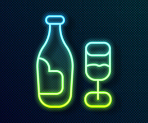 Glowing neon line Wine bottle with glass icon isolated on black background. Vector