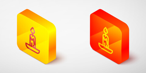 Isometric line Burning candle icon isolated on grey background. Cylindrical candle stick with burning flame. Yellow and orange square button. Vector