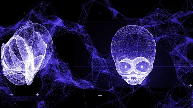 Techno Alien Skull VJ-Loop 1-3 - Blue hologram skulls of madness alien with plexus of data, spinning around self with glistening eyes. Can be connected with "Techno Alien Skull VJ-Loop 1-1" and "1-2"
