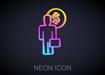 Glowing neon line Business man planning mind icon isolated on black background. Human head with dollar. Idea to earn money. Business investment growth. Vector