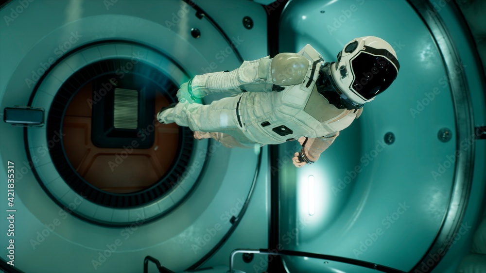 Canvas Prints somewhere in distant space, an astronaut hovers inside his spaceship. 3d rendering.