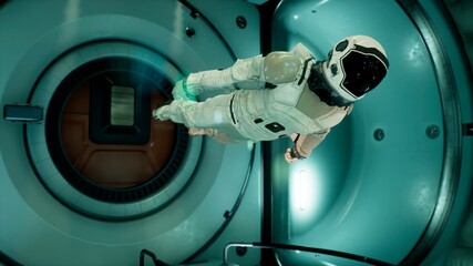 Somewhere in distant space, an astronaut hovers inside his spaceship. 3D Rendering. © designprojects