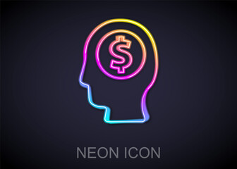 Glowing neon line Business man planning mind icon isolated on black background. Human head with dollar. Idea to earn money. Business investment growth. Vector