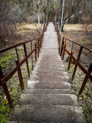 A long staircase in the spring with transitions down among the forest close-up, in the background a forest with a path.