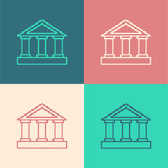 Pop art line Bank building icon isolated on color background. Vector