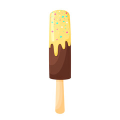 Vector image of chocolate ice cream on a stick. Illustration in cartoon style. Glaze with sprinkles. Isolated on white background
