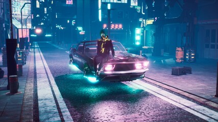 The girl relaxes while sitting on a futuristic car standing on the neon street of the city of the future. View of an future fiction city. 3D Rendering. © designprojects