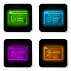 Glowing neon line Online banking with dollar icon isolated on white background. Sending money around the world, money transfer, financial transaction. Black square button. Vector