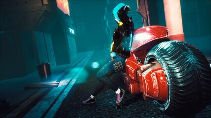 A girl from the cyber city of the future stands waiting for the police and the scanning police drone. View of an future fiction city. 3D Rendering. © designprojects