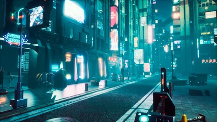 Deserted neon foggy street of the cybercity with dark lonely buildings. View of an future fiction city. 3D Rendering. © designprojects