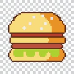 pixel art fast food hamburger filled with super delicious meat, pickle, tomato and lettuce