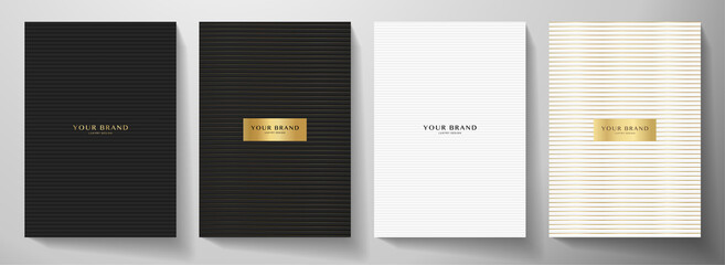 Modern black, white cover design set. Creative abstract with horizontal line pattern (stripe texture) on background. Premium vector collection for business brochure, catalog template, booklet layout