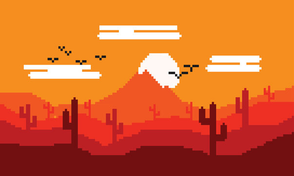 pixel art image of desert, hot atmosphere in the afternoon and there is a shadow of orange cactus tree