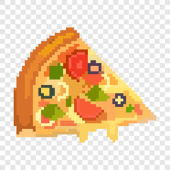 pixel art pizza is a typical italian food that contains toppings of meat, vegetables, sauce covered in very good cheese