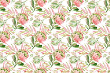 watercolor seamless pattern of exotic plants and portea flowers