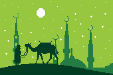 Pixel art with the theme of the month of Ramadan, Muslim tradition. there is a shadow of a camel and a man under the sky