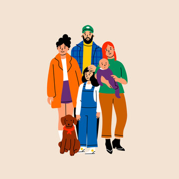 Happy Family portrait. Mother and Father with their three Kids siblings and dog. Hand drawn colored Vector illustration. Children with Parents. Togetherness, parenting concept