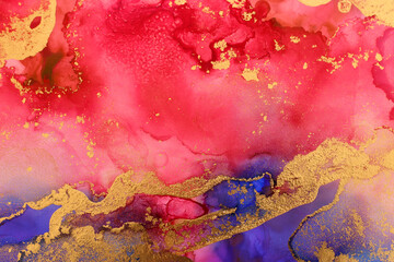 art photography of abstract fluid art painting with alcohol ink, blue, red and gold colors