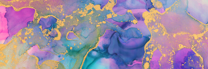 art photography of abstract fluid art painting with alcohol ink, blue, pink, purple and gold colors