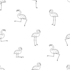 Repeat seamless outline cartoon flamingos pattern isolated, white background. Doodle vector animals are active, dancing, fly, sleep, rest, dream, walk. Black line monochrome effect.
