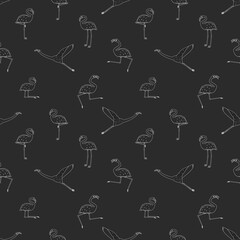 Cartoon seamless outline pattern of flamingos isolated on white background. Doodle vector animals are active dance fly, rejoice, sleep, rest, relax, dream, walk different poses, chalkboard effect.