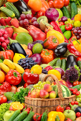 Vertical background from bright fresh healthy vegetables and fruits