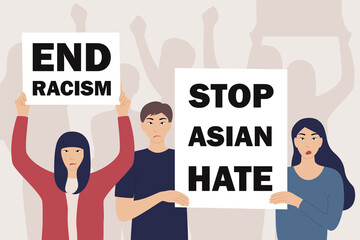 Asian man and woman holding protest poster Stop Asian Hate, end racism. Race equality concept. People against racism, violence, discrimination. Fight for rights. Vector illustration in flat style.