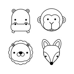 Outlined cute monkey face, hippo faced, lion face, fox face . Little in cartoon style. Vector illustration