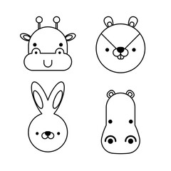 Outlined cute hippo face, tiger faced, rabbit face, giraffe face . Little in cartoon style. Vector illustration