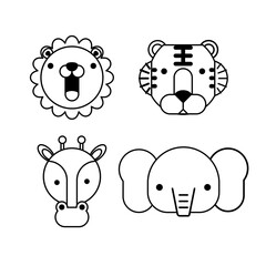 Outlined cute lion face, tiger faced, elephant face, giraffe face . Little in cartoon style. Vector illustration
