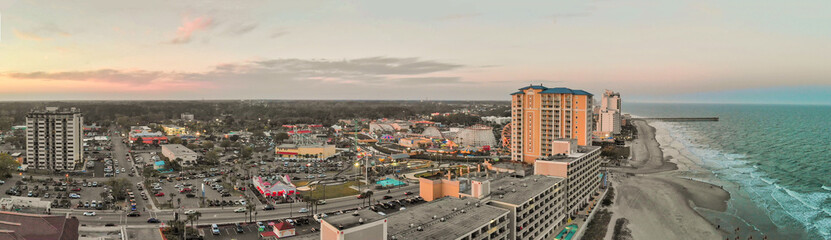 Fototapeta na wymiar Panoramic aerial view of Myrtle Beach skylineon a sunny day from drone point of view, South Carolina