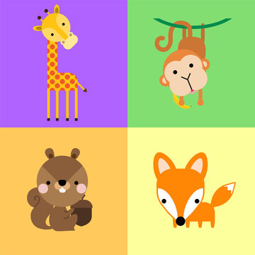 Cute simple cartoon animals - Monkey, giraffe, Squirrel, Fox. Great for designing baby clothes. Vector illustration