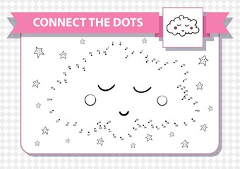 Cute cartoon sleeping cloud. Dot to dot educational game for kids. Printable worksheet. A4 landscape page. Good night