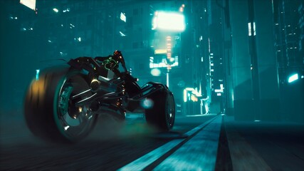 Panele Szklane  Cyborg jeździ z ogromną prędkością na motocyklu przyszłości po neonowych ulicach nocnego cybermiasta. Widok na neonowe miasto science fiction. Renderowanie 3D.