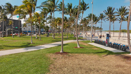 Obraz premium Aerial view of beautiful MIami Beach palms ad beach from drone point of view, Florida