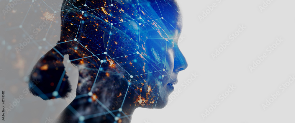 Poster double exposure of business woman with the world of futuristic internet communication concept.elemen