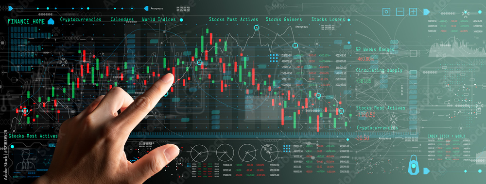 Poster businessman hand working with digital computer touch screen with finance content marketing concept o