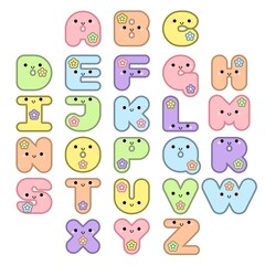 Decorative cartoon alphabet set with eyes and mouth on white background. Cute ABC design for book cover, poster, card, print on baby's clothes, pillow etc. Vector illustration
