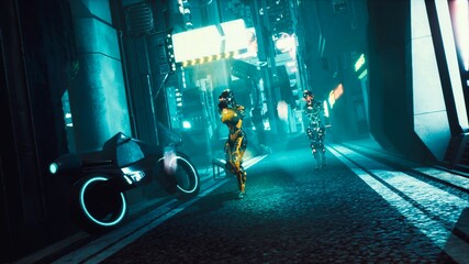 Cyber soldier walks through the dark streets of the cyber city of the future. View of an future fiction city. 3D Rendering. © designprojects