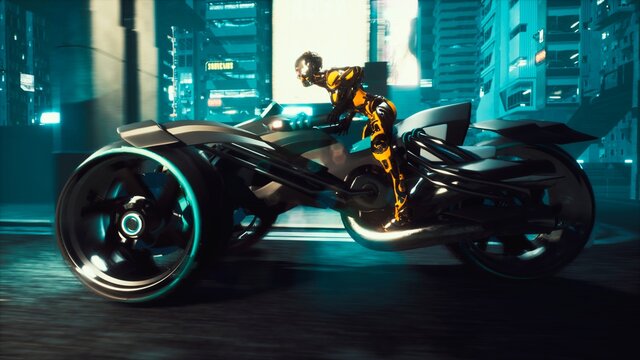 Cyborg rides a huge speed on the motorcycle of the future through the neon streets of the night cyber city. A view of the neon sci-fi city. 3D Rendering.
