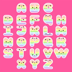 Obraz na płótnie Canvas Rainbow alphabet set smiling face with eyes and mouth on pink background. Colorful ABC design for book cover, poster, card, print on baby's clothes, pillow etc. Vector illustration.