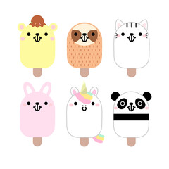 Fototapeta premium Set of cute cartoon ice cream with animals. In kawaii style with smiling face and pink cheeks. cat, unicorn, sloth, panda, bear, rabbit. For sweet design. Vector illustration.