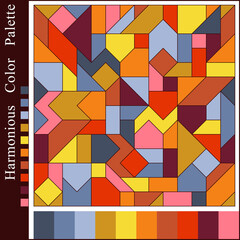 Bright Warm Harmonious Color Palette with Geometric Composition of Orange, Red, Yellow, Grey Figures.