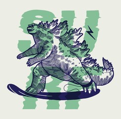 Japanese dino reptile god of all monsters surfing. Surfzilla dinosaur summer sports illustration t-shirt print.