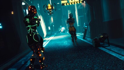 Cyber soldier walks through the dark streets of the cyber city of the future. View of an future fiction city. 3D Rendering. © designprojects