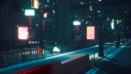 Deserted neon foggy street of the cybercity with dark lonely buildings. View of an future fiction city. 3D Rendering. © designprojects