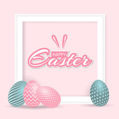 Happy easter day with painted ornament on egg. Realistic egg. Editable text. Text and photo frame inside.