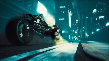 Cyborg rides a huge speed on the motorcycle of the future through the neon streets of the night cyber city. A view of the neon sci-fi city. 3D Rendering. © designprojects
